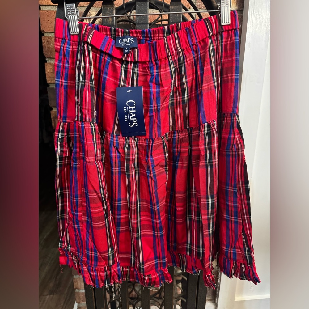 Chaps Vibrant Red and Blue Plaid A-Line Skirt with Frey NWT